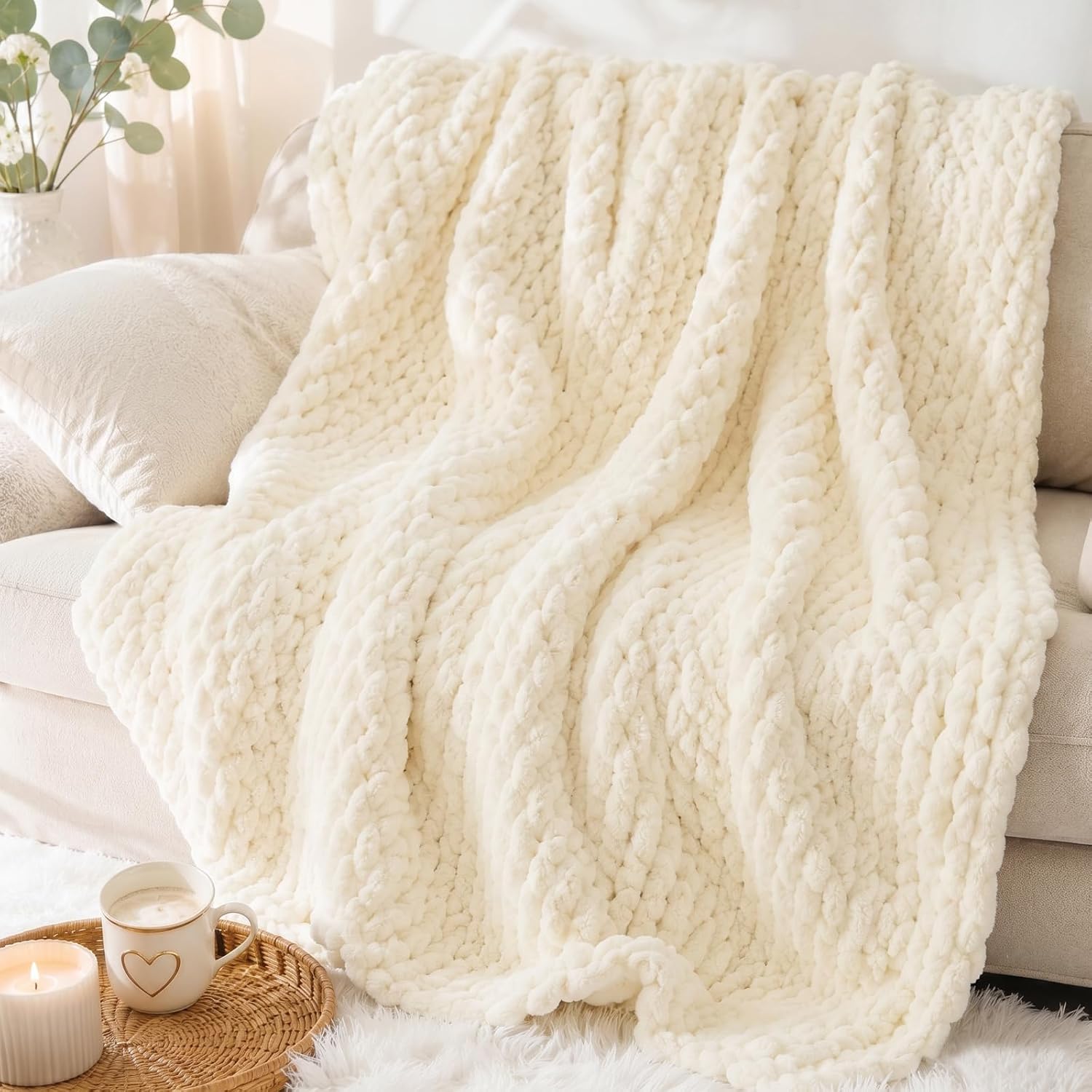 50x60 No Shed Chunky Cable Knit Chenille Throw Blanket