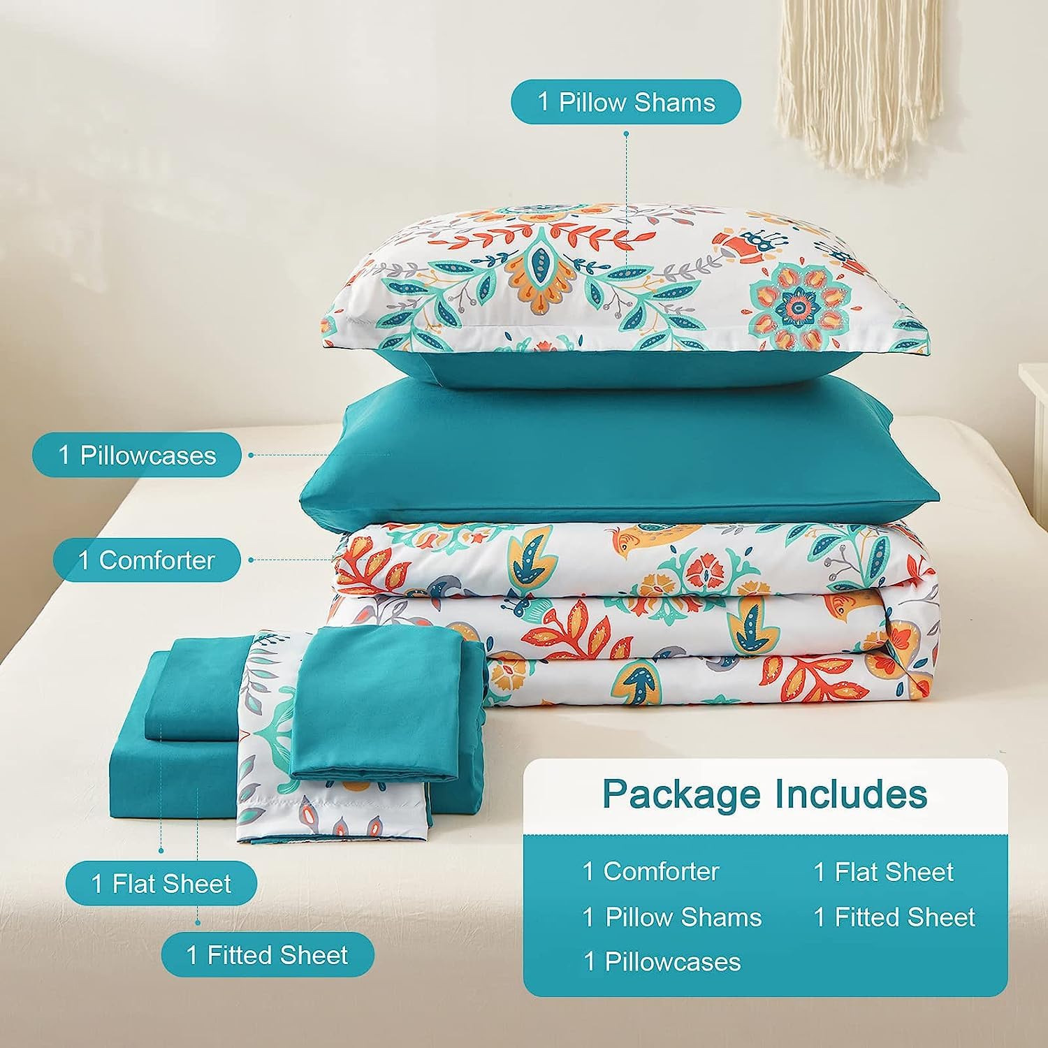 Twin Teal Floral Boho 5-Piece Bed in a Bag Set