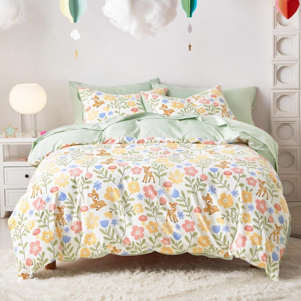 Wake In Cloud Full Green Cream Floral Deer 7-Piece Kids Bed in a Bag Set