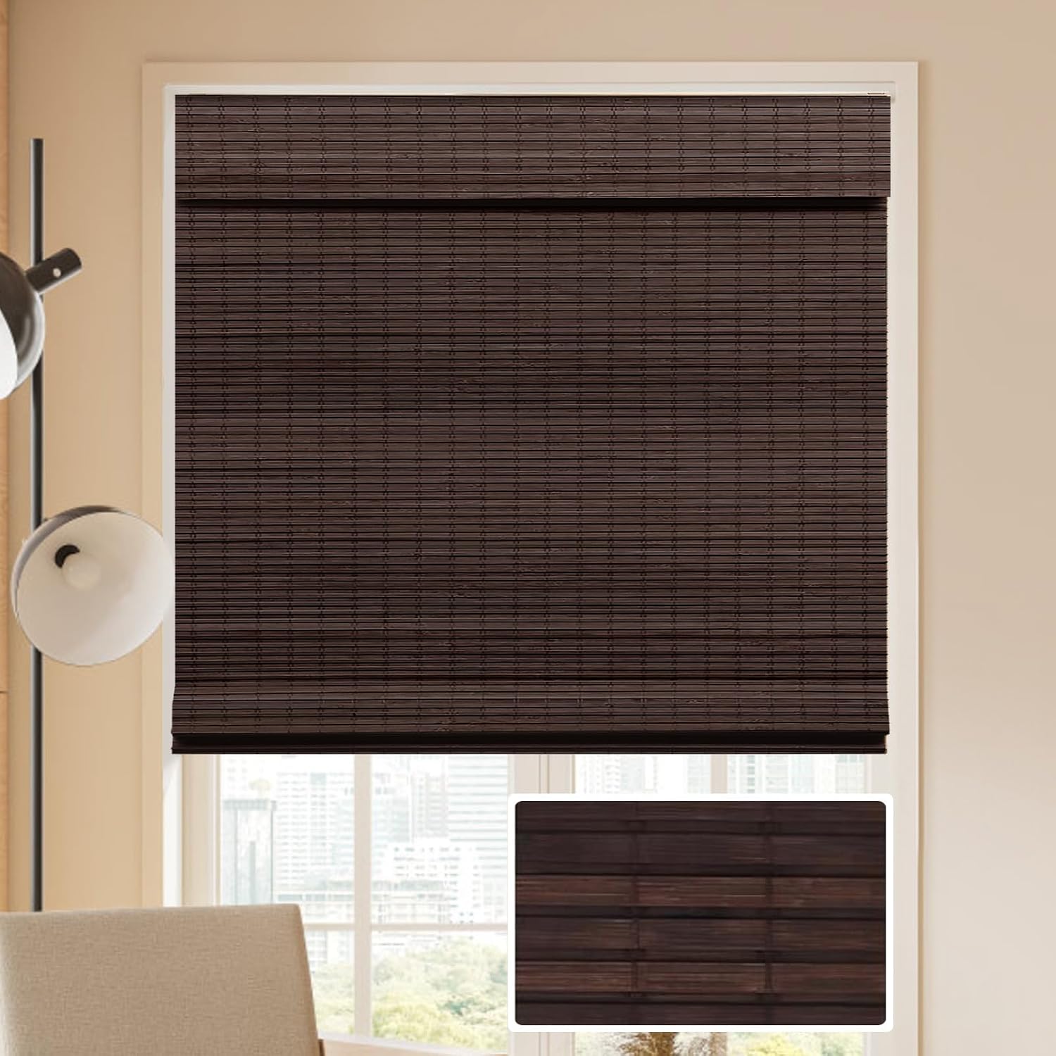 Cordless Blackout Bamboo Roman Window Blinds with Valance