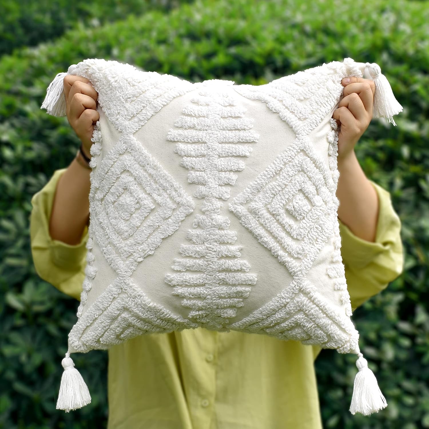 18x18 Boho Tufted Throw Pillow Covers with Cotton Tassels, Spring Ruched