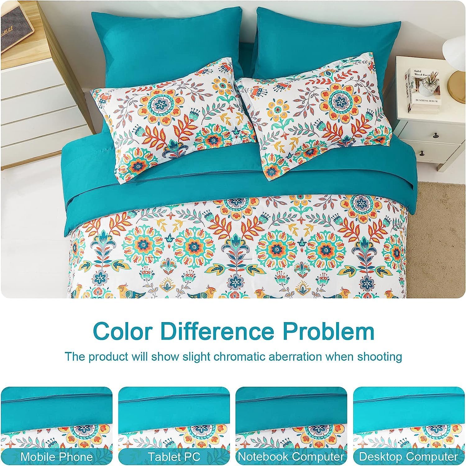 Twin Teal Floral Boho 5-Piece Bed in a Bag Set