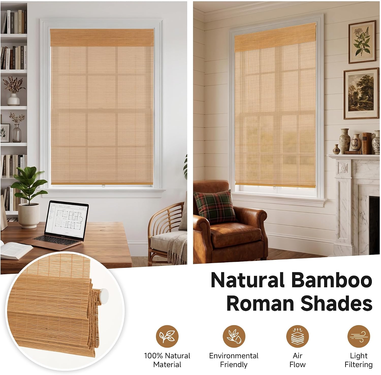34.5x64" Cordless Bamboo Light Filtering Roman Shades