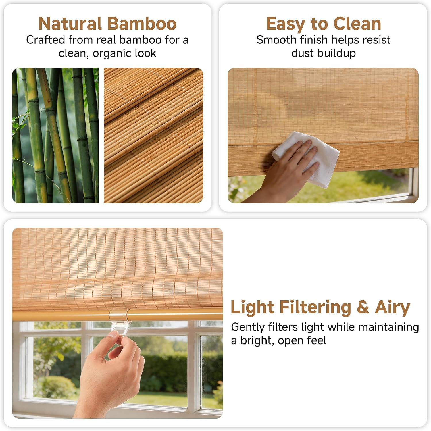 34.5x64" Cordless Bamboo Light Filtering Roman Shades