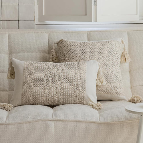 12x20 Beige Woven Macrame Tassel Boho Cotton Linen Throw Pillow Covers Set