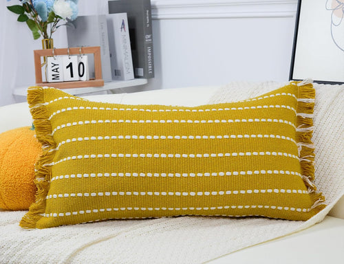 16x26 Yellow White Striped Fringed Farmhouse Boho Lumbar Throw Pillow Cover