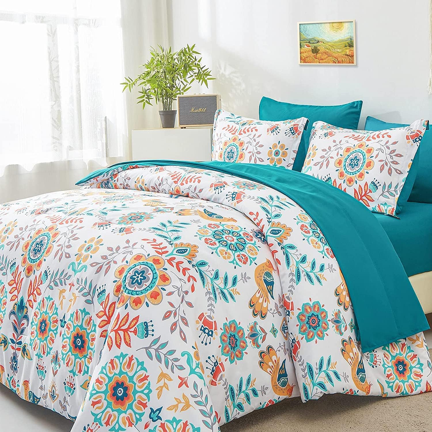 Twin Teal Floral Boho 5-Piece Bed in a Bag Set