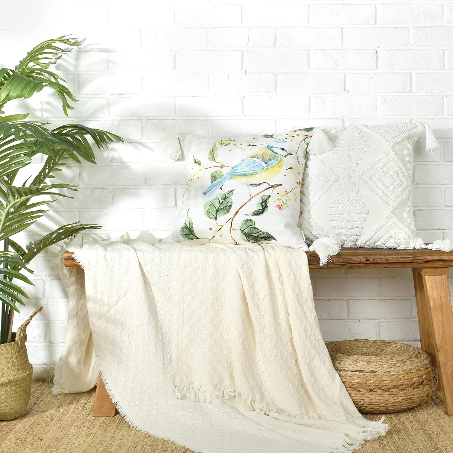 18x18 Boho Tufted Throw Pillow Covers with Cotton Tassels, Spring Ruched