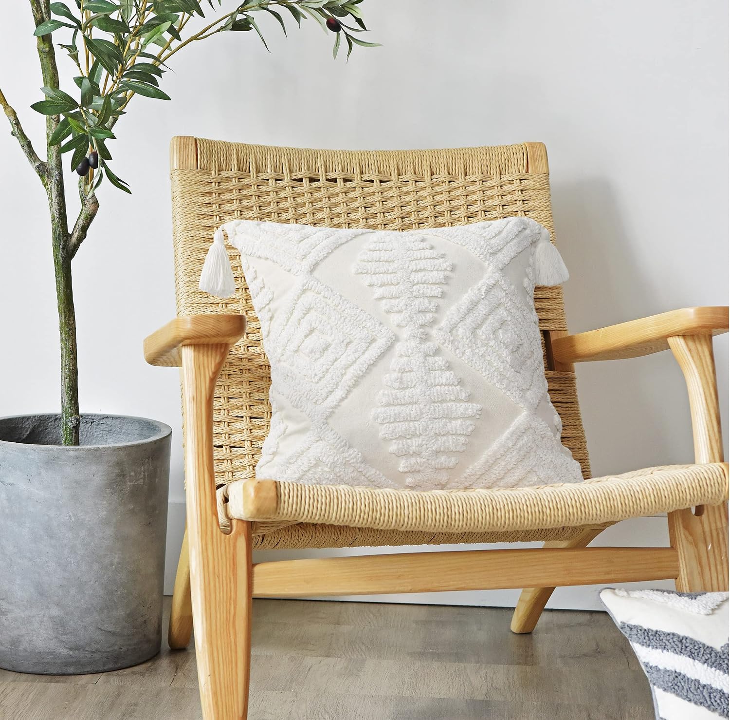 18x18 Boho Tufted Throw Pillow Covers with Cotton Tassels, Spring Ruched
